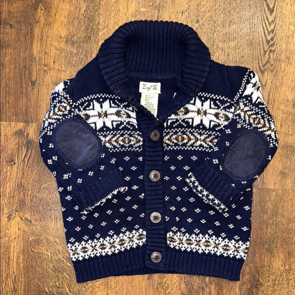 E of M Fair Isle Patterned Cozy Knit Navy Blue Cardigan Sweater | Boys 2T